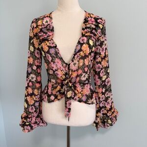 Free people‎ long sleeve tie closure chiffon cropped blouse size XS